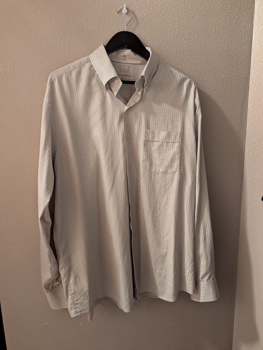 Tommy Bahama Men's Long-Sleeve Light Green Tan Pinstripe Dress Shirt Size XL